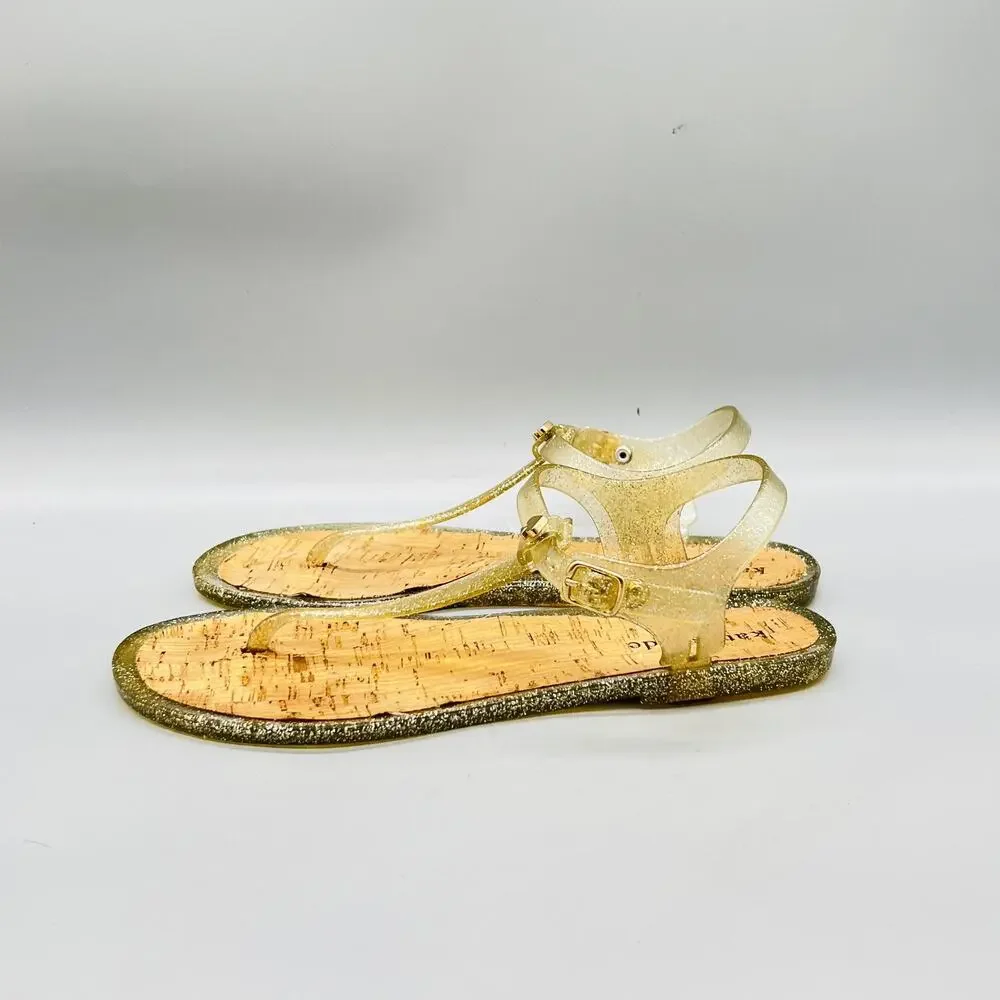 Kate Spade Sandals Womens 9 Gold Plastic Jelly Thong Ankle Strap Flat Shoes